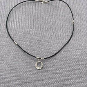 Silpada Sterling Silver Black Leather & Hammered Circle Necklace #N1687
